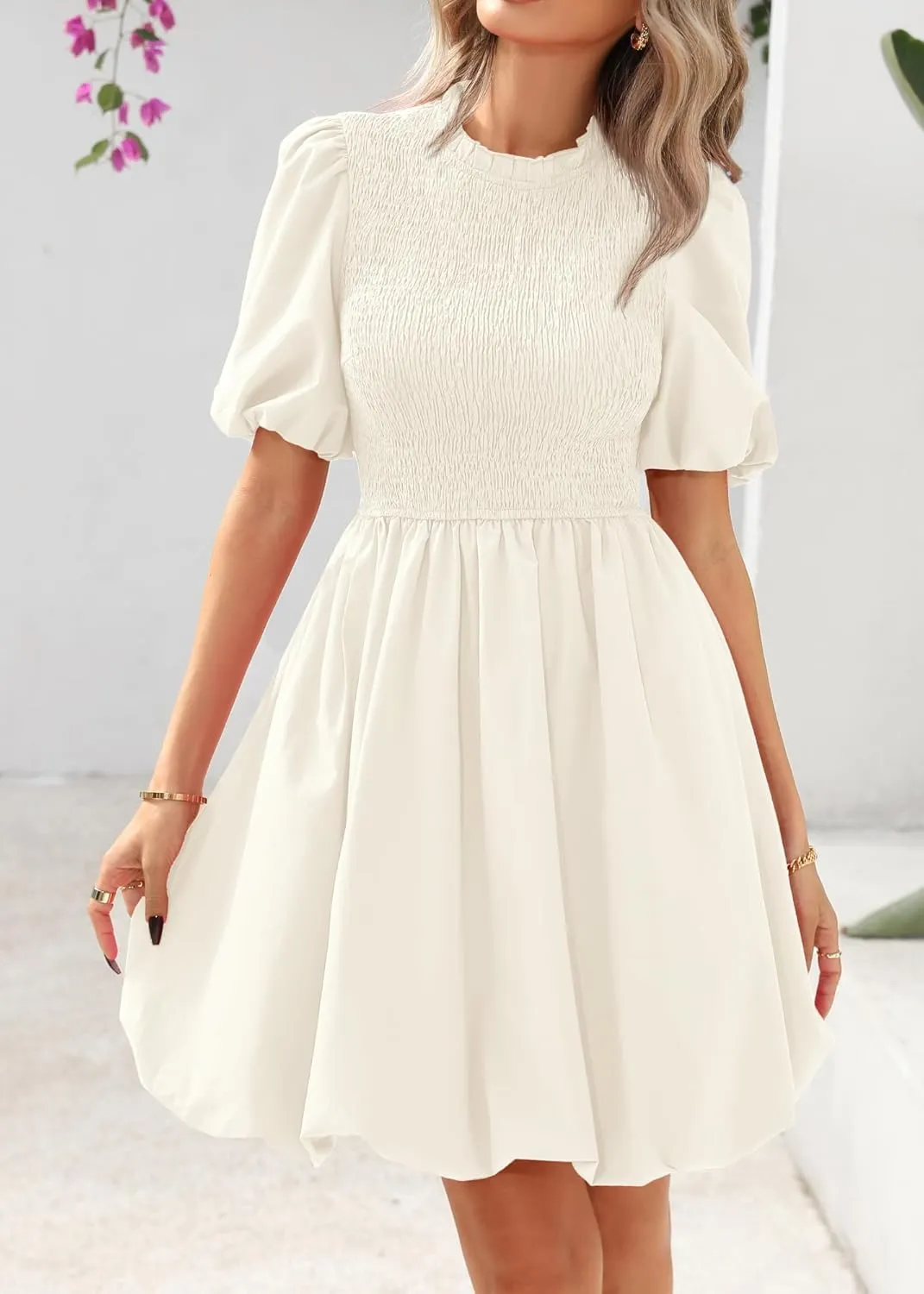 KIRUNDO Womens Summer Smocked Mini Dress 2025 Spring Puff Short Sleeve Boho Ruffle Crewneck Bubble A Line Short Dresses