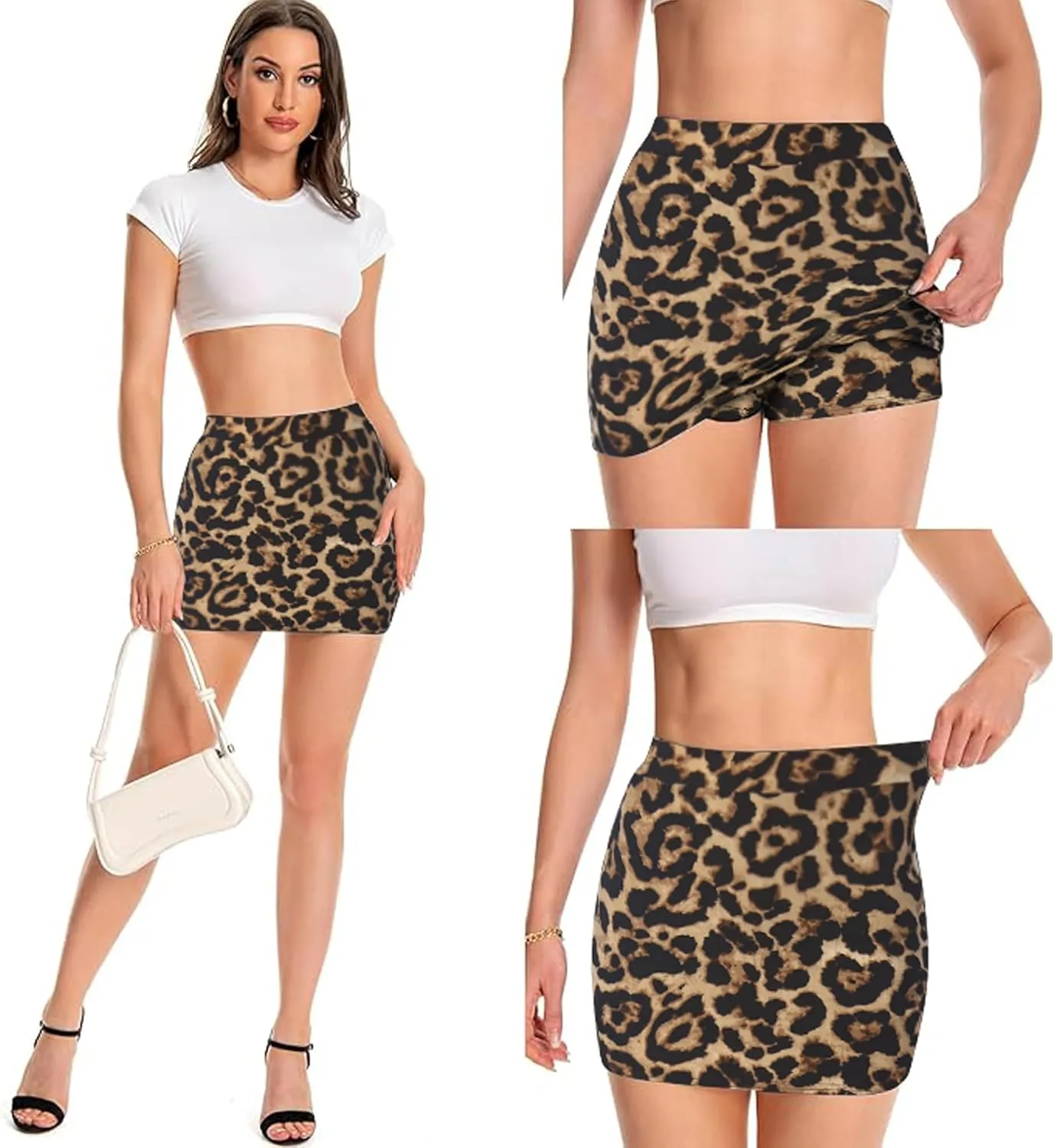 Leopard Cheetah Skirt with Shorts, Sexy Night Club High Waist Elastic Leopard Print Bodycon Mini Skirts for Women