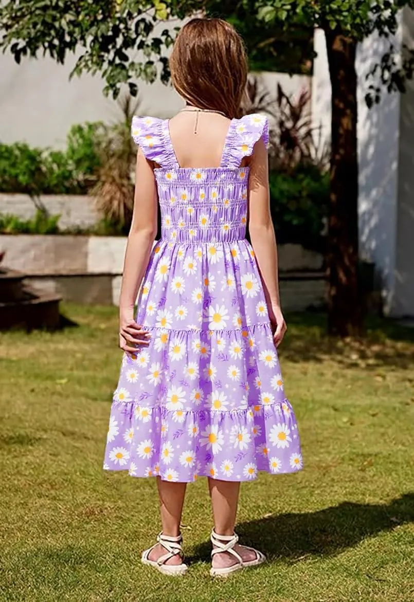 Little Girls Dresses Casual Summer Dress Ruffle Sleeve Floral Tiered Sundress Smocked Shirred Party Dress 3-10 Years