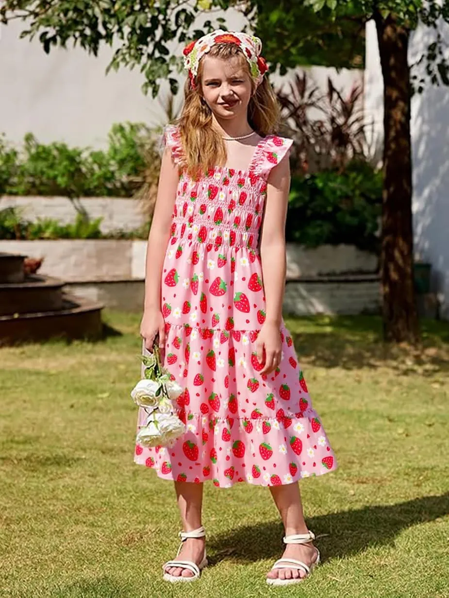 Little Girls Dresses Casual Summer Dress Ruffle Sleeve Floral Tiered Sundress Smocked Shirred Party Dress 3-10 Years