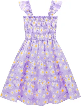 Little Girls Dresses Casual Summer Dress Ruffle Sleeve Floral Tiered Sundress Smocked Shirred Party Dress 3-10 Years
