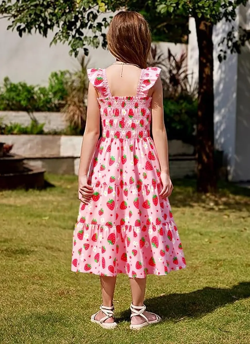 Little Girls Dresses Casual Summer Dress Ruffle Sleeve Floral Tiered Sundress Smocked Shirred Party Dress 3-10 Years