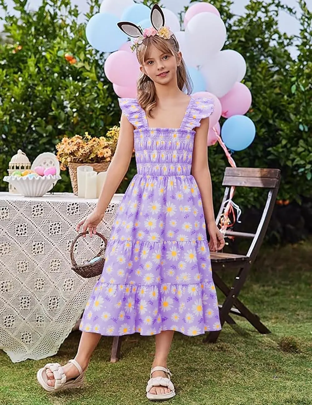 Little Girls Dresses Casual Summer Dress Ruffle Sleeve Floral Tiered Sundress Smocked Shirred Party Dress 3-10 Years