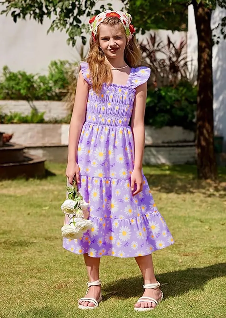 Little Girls Dresses Casual Summer Dress Ruffle Sleeve Floral Tiered Sundress Smocked Shirred Party Dress 3-10 Years