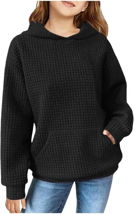 Loose Fit Check Solid Hoodies for 3-14 Years Girls Long Sleeves Trendy Polka Dots Sweatshirts Pullover with Pocket