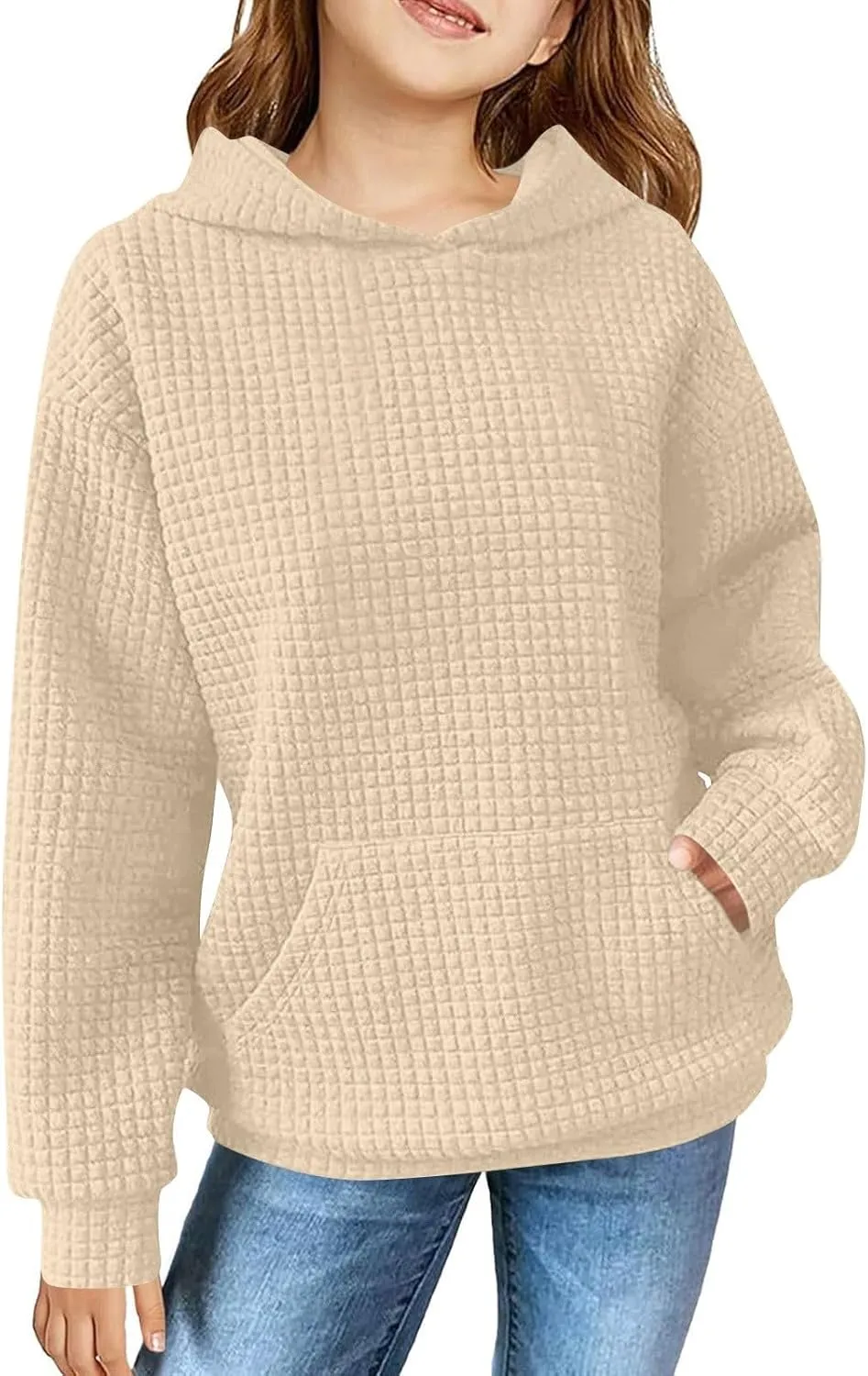 Loose Fit Check Solid Hoodies for 3-14 Years Girls Long Sleeves Trendy Polka Dots Sweatshirts Pullover with Pocket