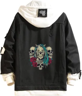 Lpstop Skull Rose Denim Hoodie Skull Print Jacket Rose Flower Hoodie Denim Jacket for Women Men