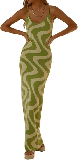 Melliflo Womens Sleeveless Maxi Tank Dress Spaghetti Strap Pattern Print Long Bodycon Dress Sexy Slim Cami Dress