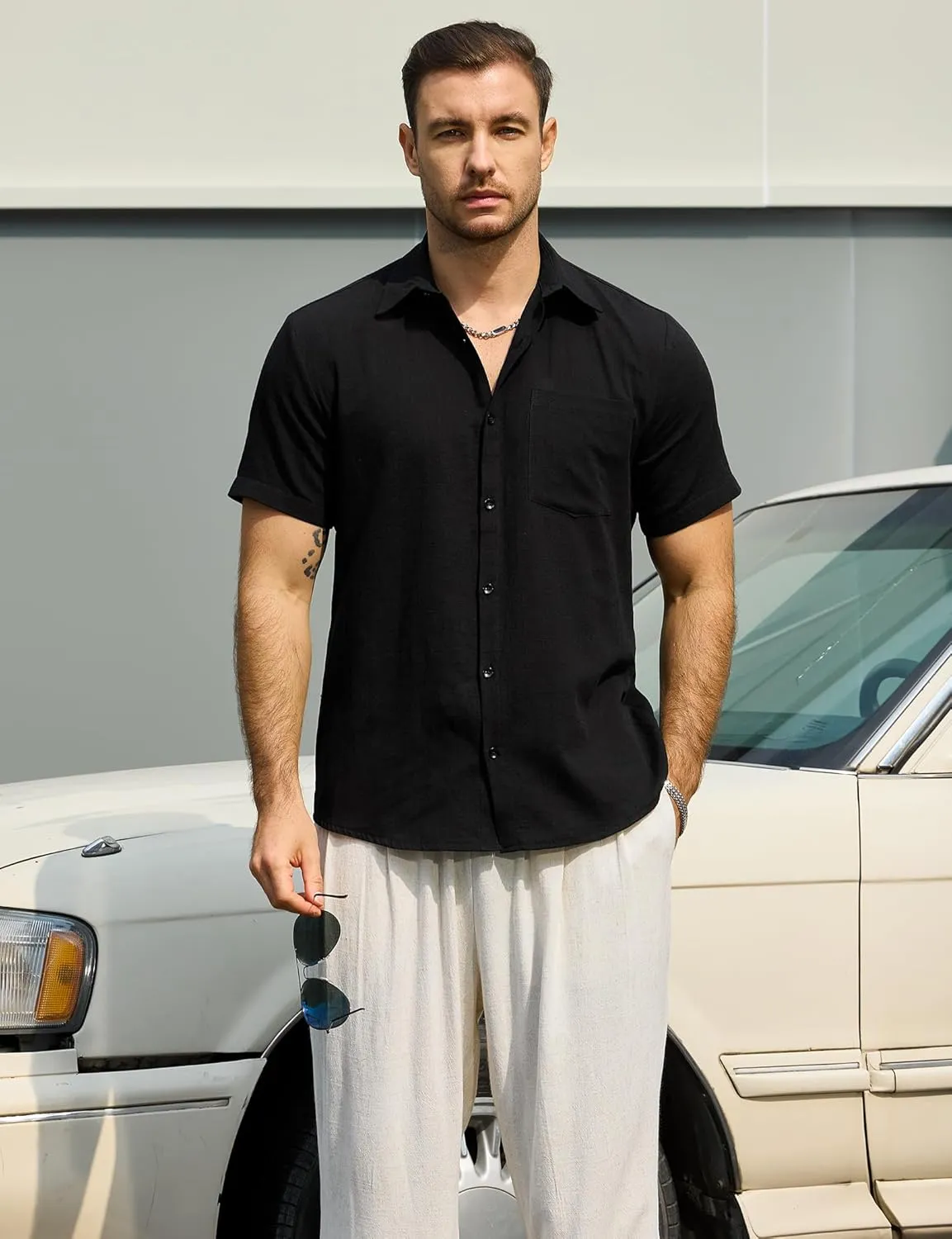 Mens Cotton Linen Shirts Casual Button Down Short Sleeve Shirt Vacation Beach Summer Hawaiian Shirt with Pocket