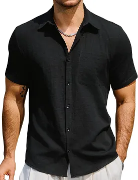 Mens Cotton Linen Shirts Casual Button Down Short Sleeve Shirt Vacation Beach Summer Hawaiian Shirt with Pocket