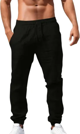 Mens Cotton Linen Sweatpants Elastic Waist Drawstring Straight Leg Casual Pants Summer Loose Lightweight Beach Slacks