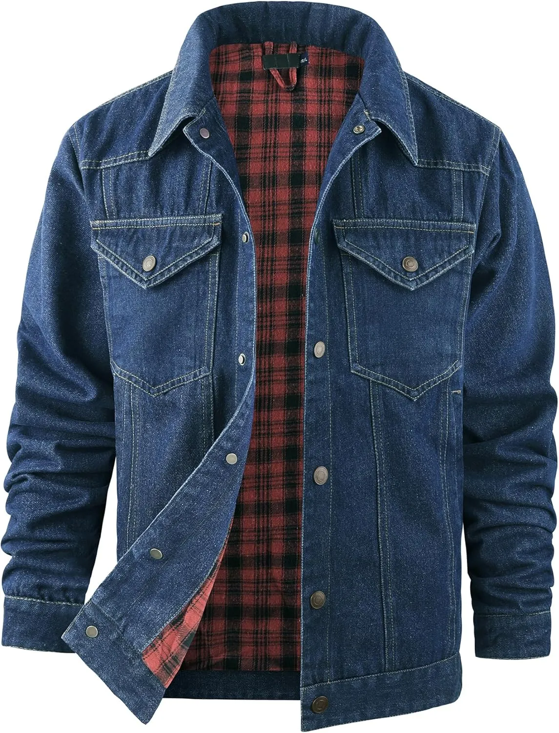 Men's Denim Jacket Lined Flannel Plaid Vintage Cowboy Cut Western Classic Trucker Motorcycle Snap Fall Long Sleeves