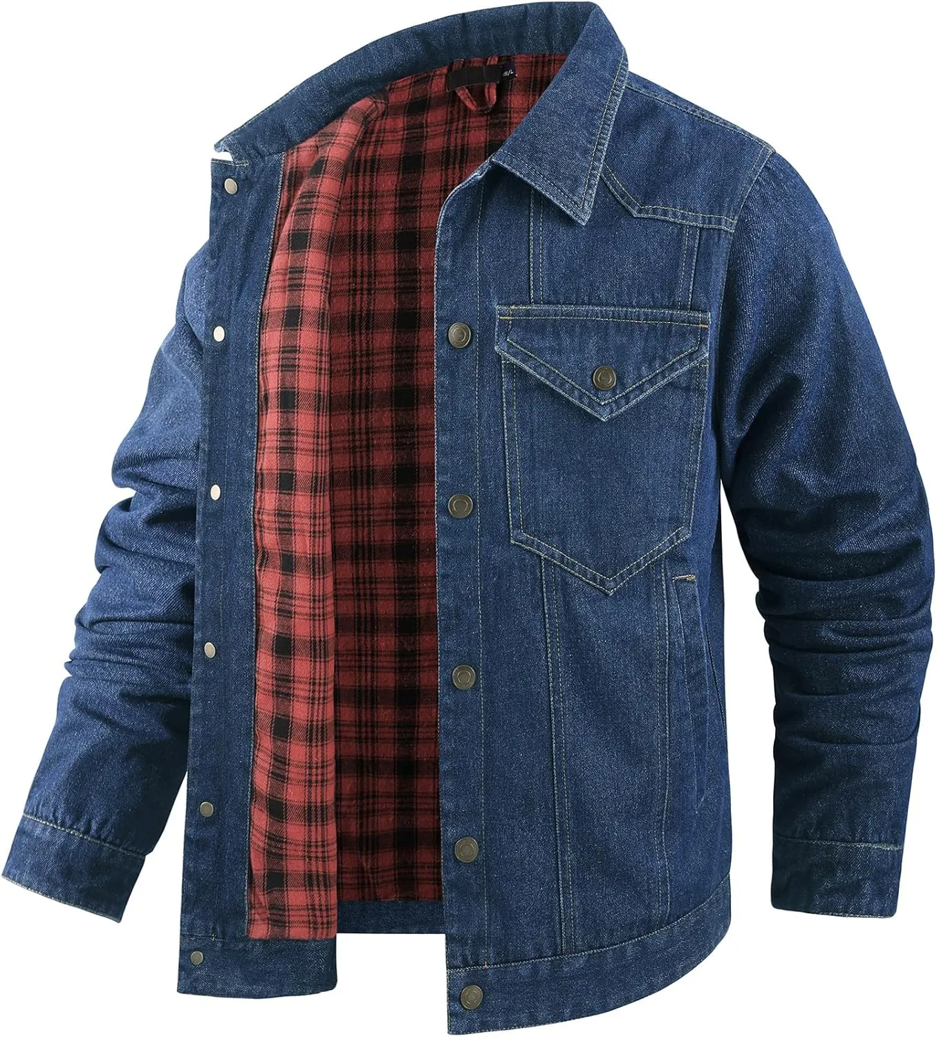 Men's Denim Jacket Lined Flannel Plaid Vintage Cowboy Cut Western Classic Trucker Motorcycle Snap Fall Long Sleeves