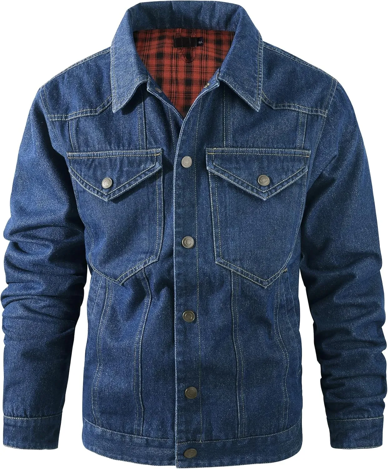 Men's Denim Jacket Lined Flannel Plaid Vintage Cowboy Cut Western Classic Trucker Motorcycle Snap Fall Long Sleeves