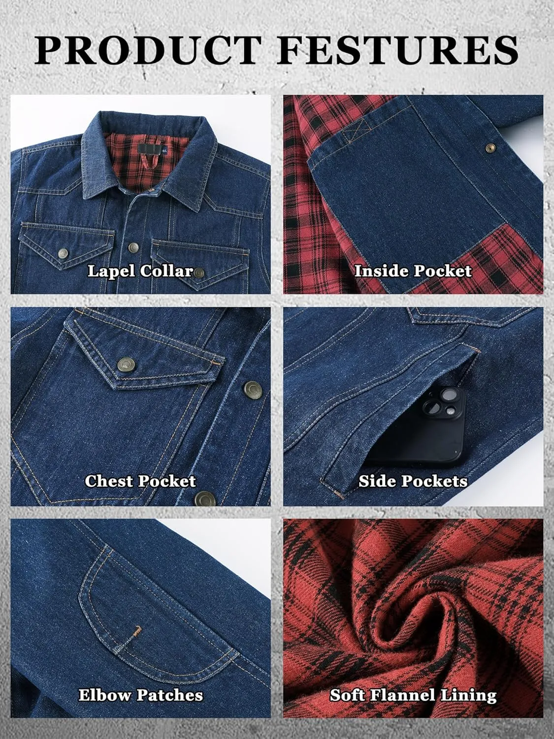 Men's Denim Jacket Lined Flannel Plaid Vintage Cowboy Cut Western Classic Trucker Motorcycle Snap Fall Long Sleeves