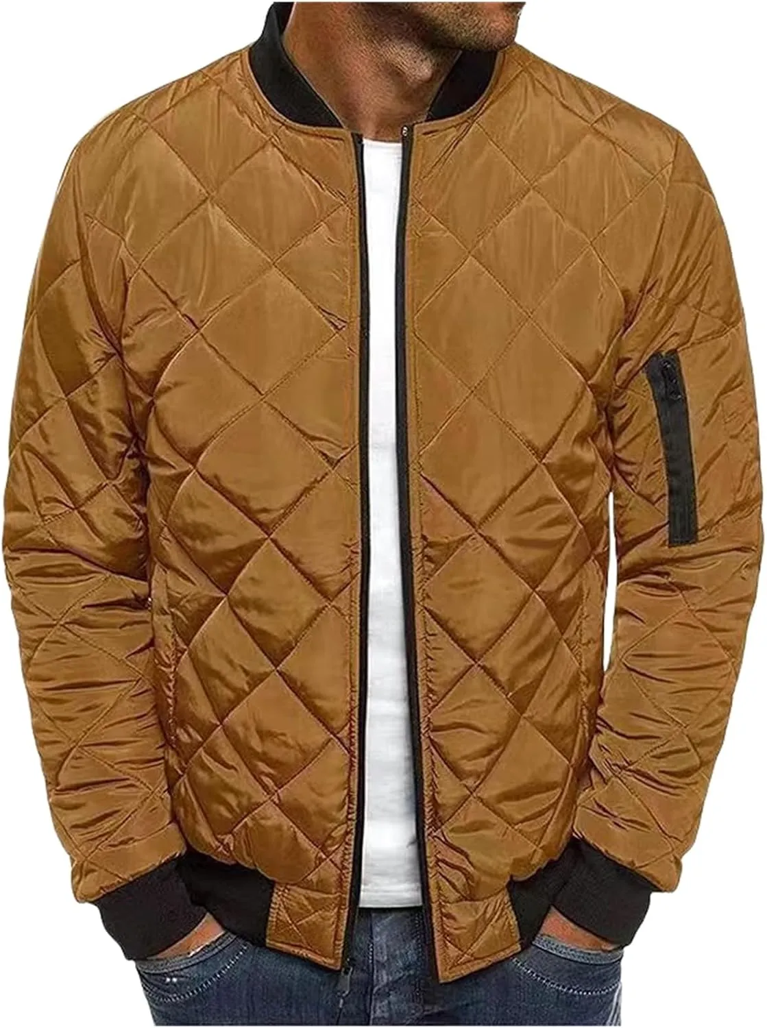 Men's Diamond Quilted Bomber Jacket Fall Winter Rib Varsity Lightweight Coat Flight Winter Warm Padded Coats for Men