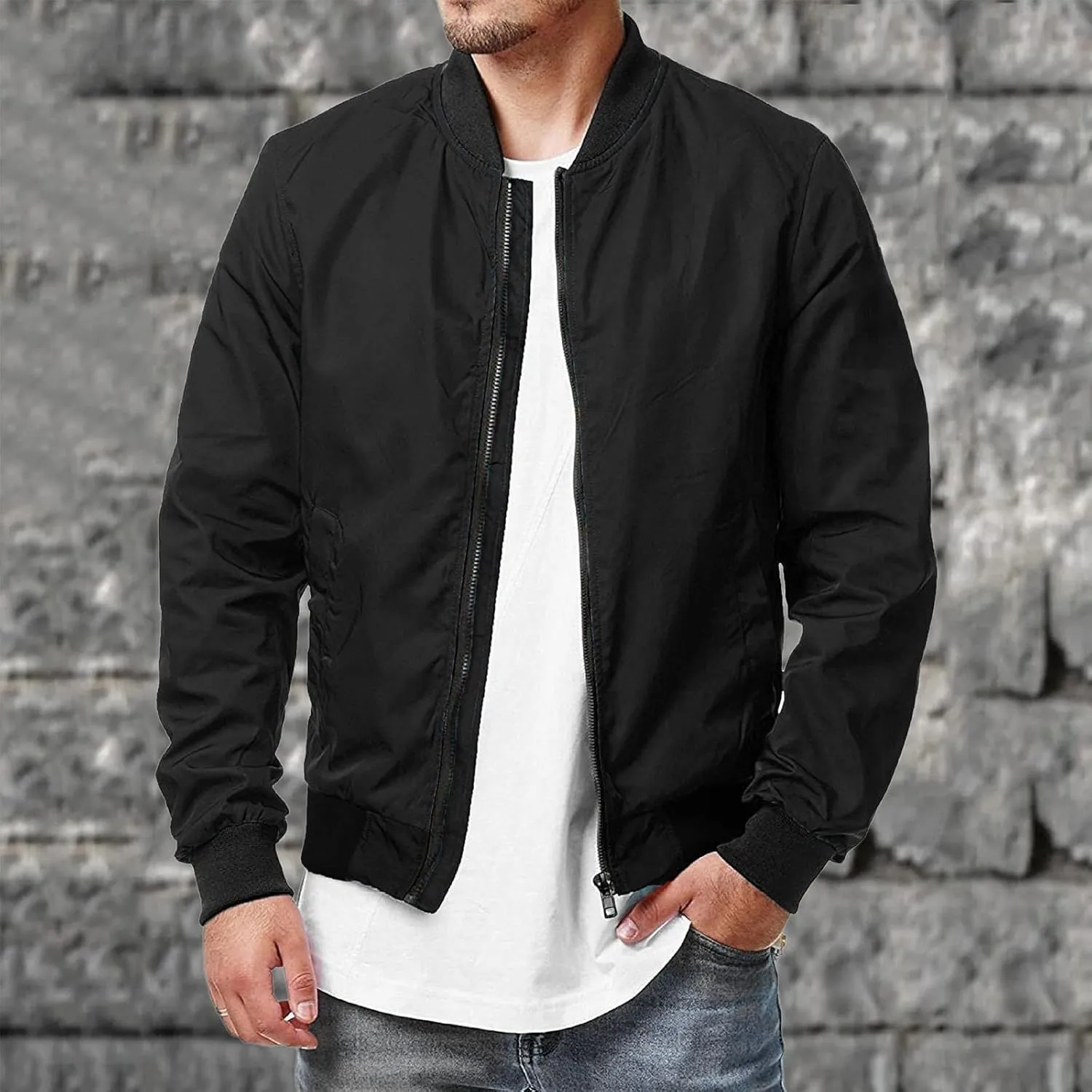Men's Jackets Windproof Bomber Jacket Full Zip Winter Warm Padded Coats Light Weight Bomber Jacket with Pockets