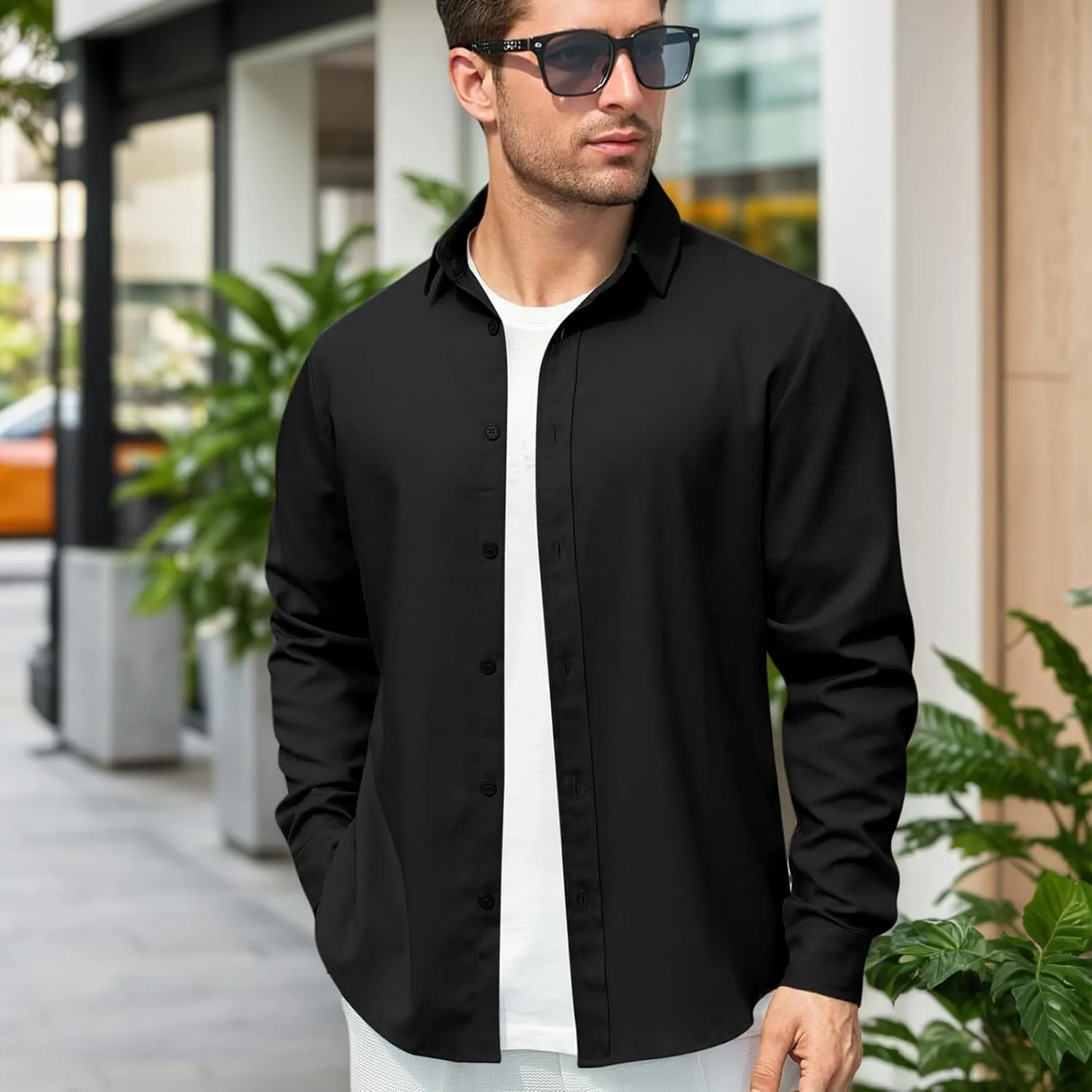 Men's Long Sleeve Button Down Cotton Linen Shirt Casual Lightweight Beach Shirt