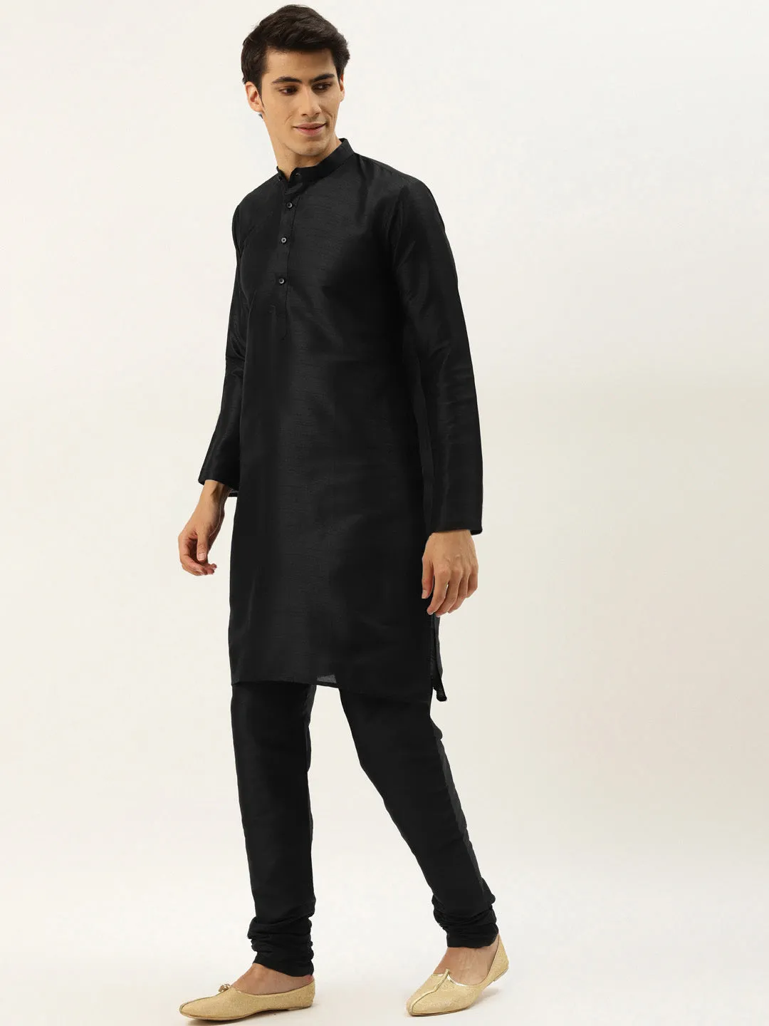 Men's Silk Blend Black Kurta Pyjama & Peach Nehrujacket Combo - Sojanya