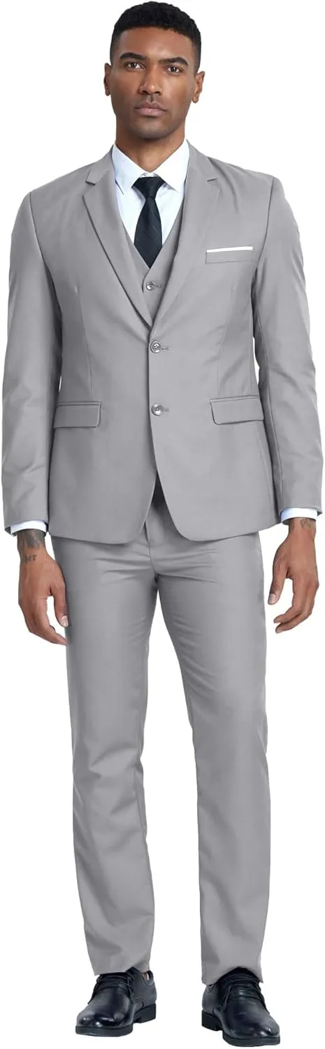 Men's Slim Fit 2 Piece Suit, Two Button Solid Suit Jacket Pants Set, Wedding Prom Suit