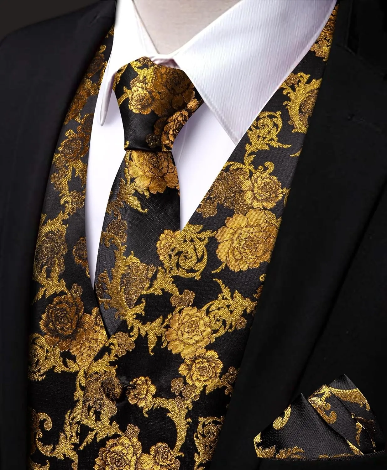 Mens Suit Vest 4PC Silk Paisley Vest with Necktie Pocket Square Cufflinks Formal Woven Waistcoat for Suit Tuxedo