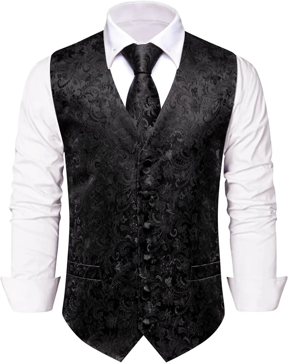 Mens Suit Vest 4PC Silk Paisley Vest with Necktie Pocket Square Cufflinks Formal Woven Waistcoat for Suit Tuxedo