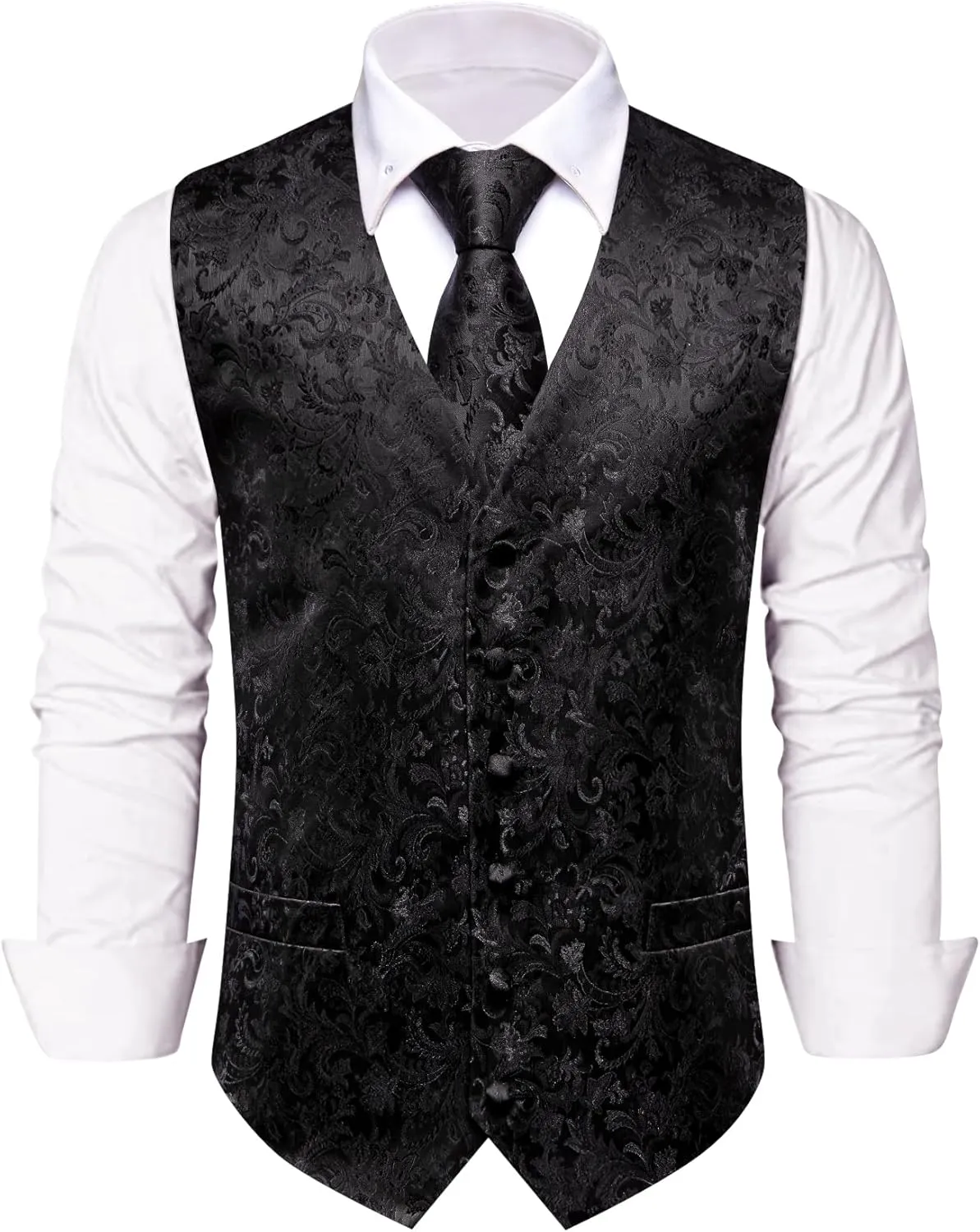 Mens Suit Vest 4PC Silk Paisley Vest with Necktie Pocket Square Cufflinks Formal Woven Waistcoat for Suit Tuxedo