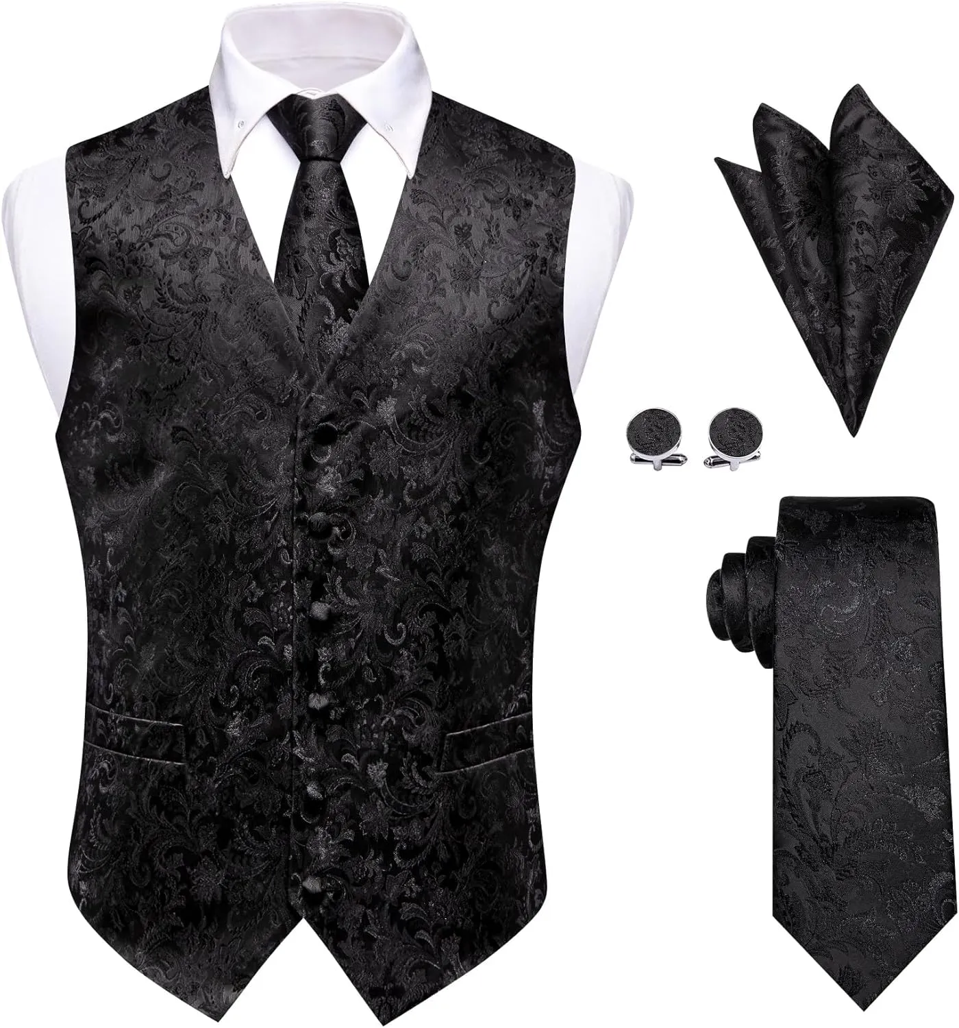 Mens Suit Vest 4PC Silk Paisley Vest with Necktie Pocket Square Cufflinks Formal Woven Waistcoat for Suit Tuxedo