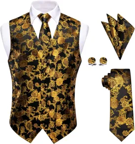Mens Suit Vest 4PC Silk Paisley Vest with Necktie Pocket Square Cufflinks Formal Woven Waistcoat for Suit Tuxedo
