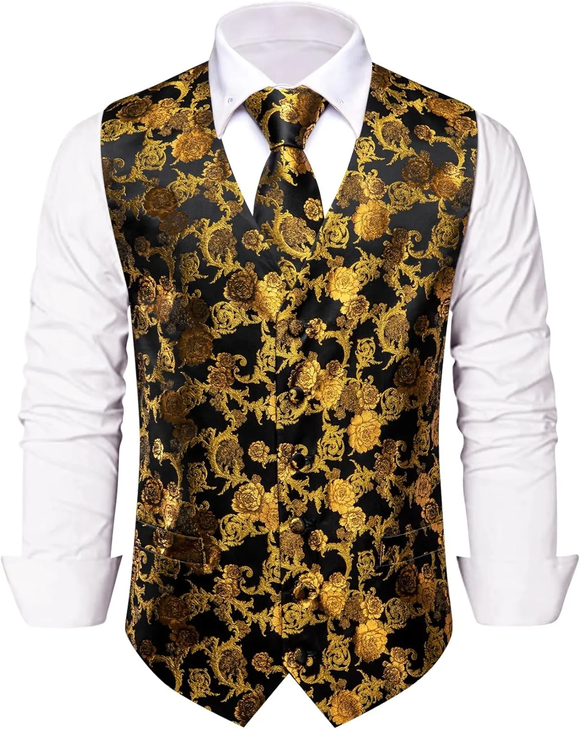 Mens Suit Vest 4PC Silk Paisley Vest with Necktie Pocket Square Cufflinks Formal Woven Waistcoat for Suit Tuxedo