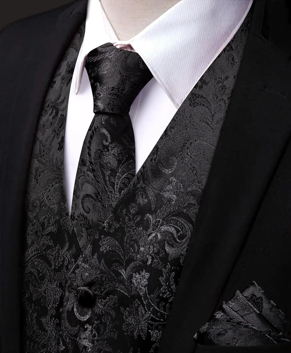 Mens Suit Vest 4PC Silk Paisley Vest with Necktie Pocket Square Cufflinks Formal Woven Waistcoat for Suit Tuxedo