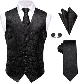 Mens Suit Vest 4PC Silk Paisley Vest with Necktie Pocket Square Cufflinks Formal Woven Waistcoat for Suit Tuxedo