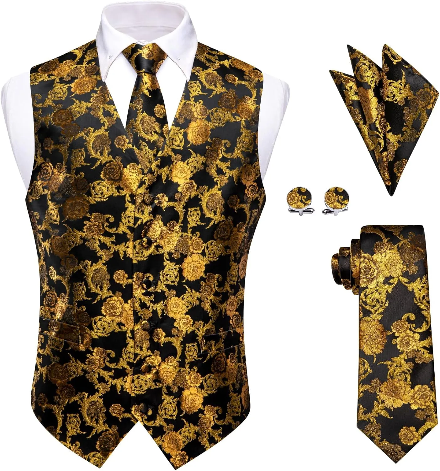 Mens Suit Vest 4PC Silk Paisley Vest with Necktie Pocket Square Cufflinks Formal Woven Waistcoat for Suit Tuxedo