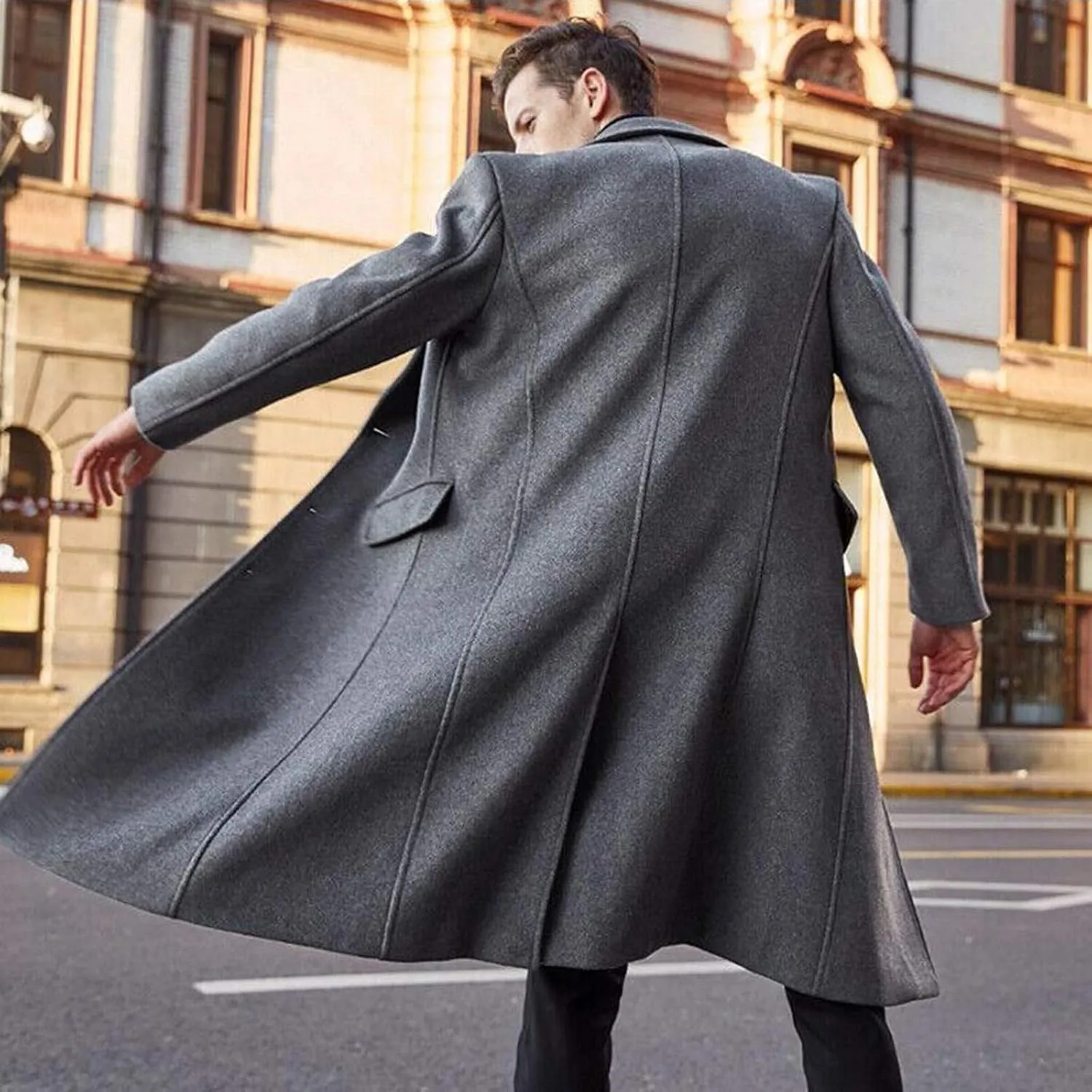 Men's Woolen Single Breasted Overcoat Full Length Topcoat Classic Wool Blend Trench Pea Coats Jackets Streetwear