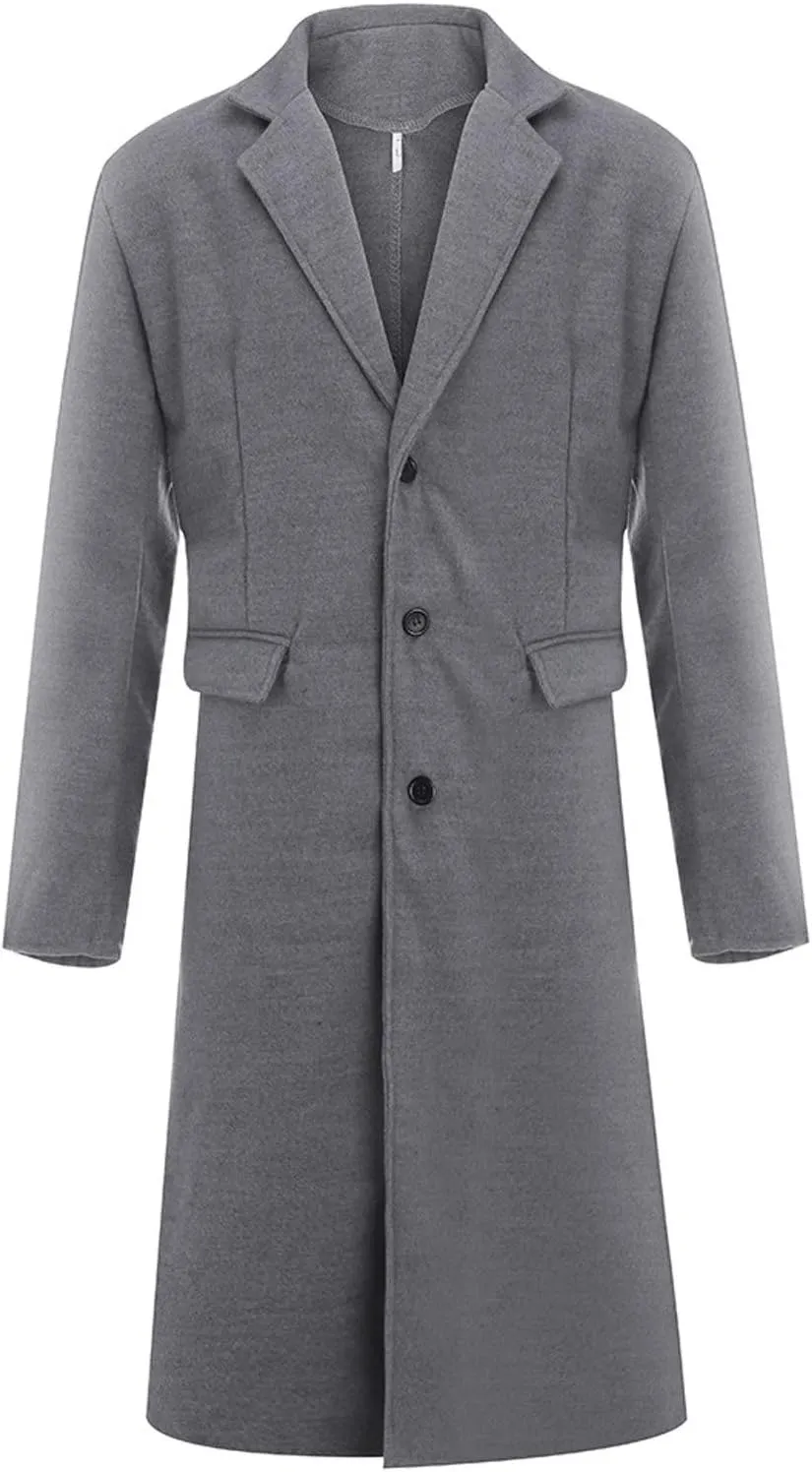 Men's Woolen Single Breasted Overcoat Full Length Topcoat Classic Wool Blend Trench Pea Coats Jackets Streetwear