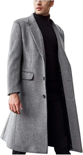 Men's Woolen Single Breasted Overcoat Full Length Topcoat Classic Wool Blend Trench Pea Coats Jackets Streetwear
