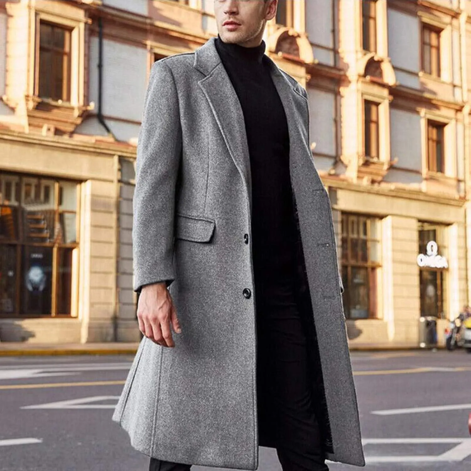 Men's Woolen Single Breasted Overcoat Full Length Topcoat Classic Wool Blend Trench Pea Coats Jackets Streetwear