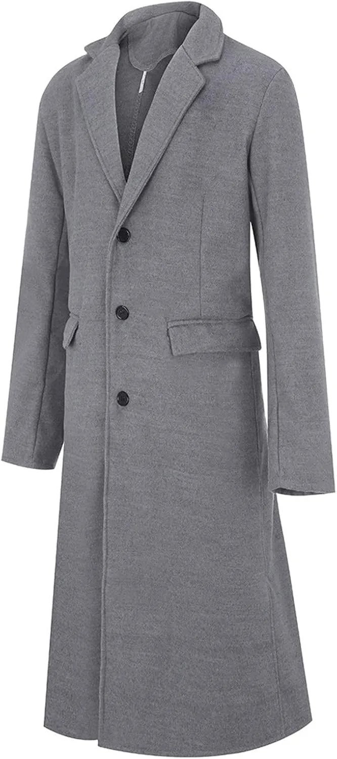 Men's Woolen Single Breasted Overcoat Full Length Topcoat Classic Wool Blend Trench Pea Coats Jackets Streetwear