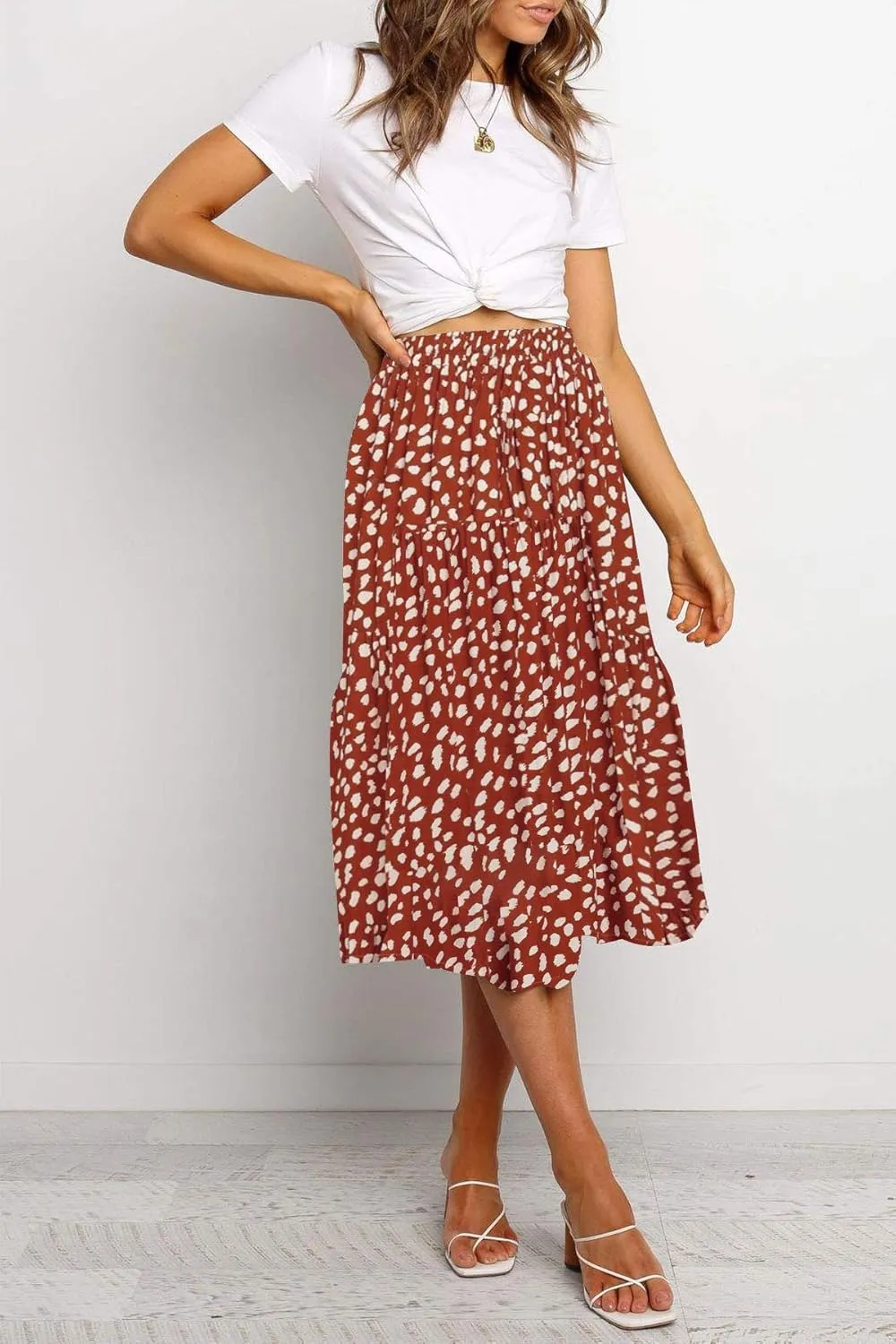 MEROKEETY Women's Boho Leopard Print Skirt Pleated A-Line Swing Midi Skirts