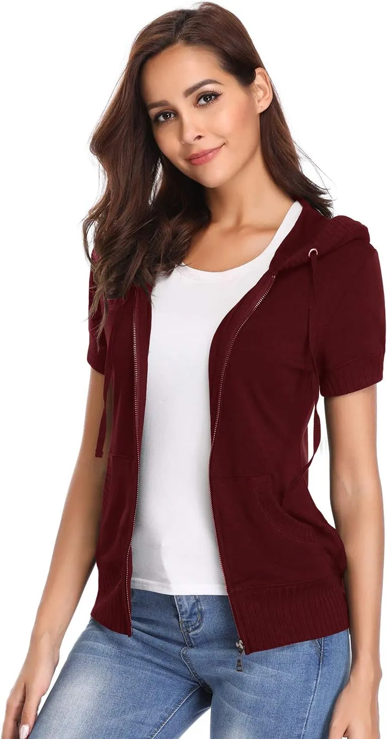 MISS MOLY Women's Short Sleeve Hoodie Full Zip Up Cotton Slim Fit Sweatshirt with Pocket