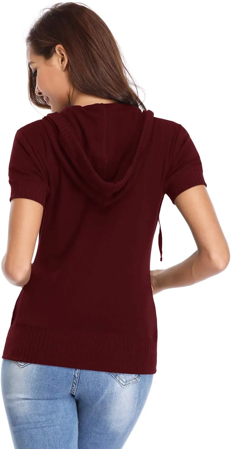 MISS MOLY Women's Short Sleeve Hoodie Full Zip Up Cotton Slim Fit Sweatshirt with Pocket