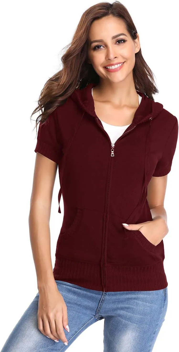 MISS MOLY Women's Short Sleeve Hoodie Full Zip Up Cotton Slim Fit Sweatshirt with Pocket