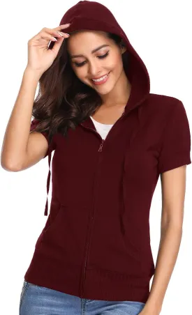 MISS MOLY Women's Short Sleeve Hoodie Full Zip Up Cotton Slim Fit Sweatshirt with Pocket