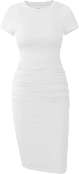 Missufe Women's Short Sleeve Ruched Casual Sundress Midi Bodycon T Shirt Dress
