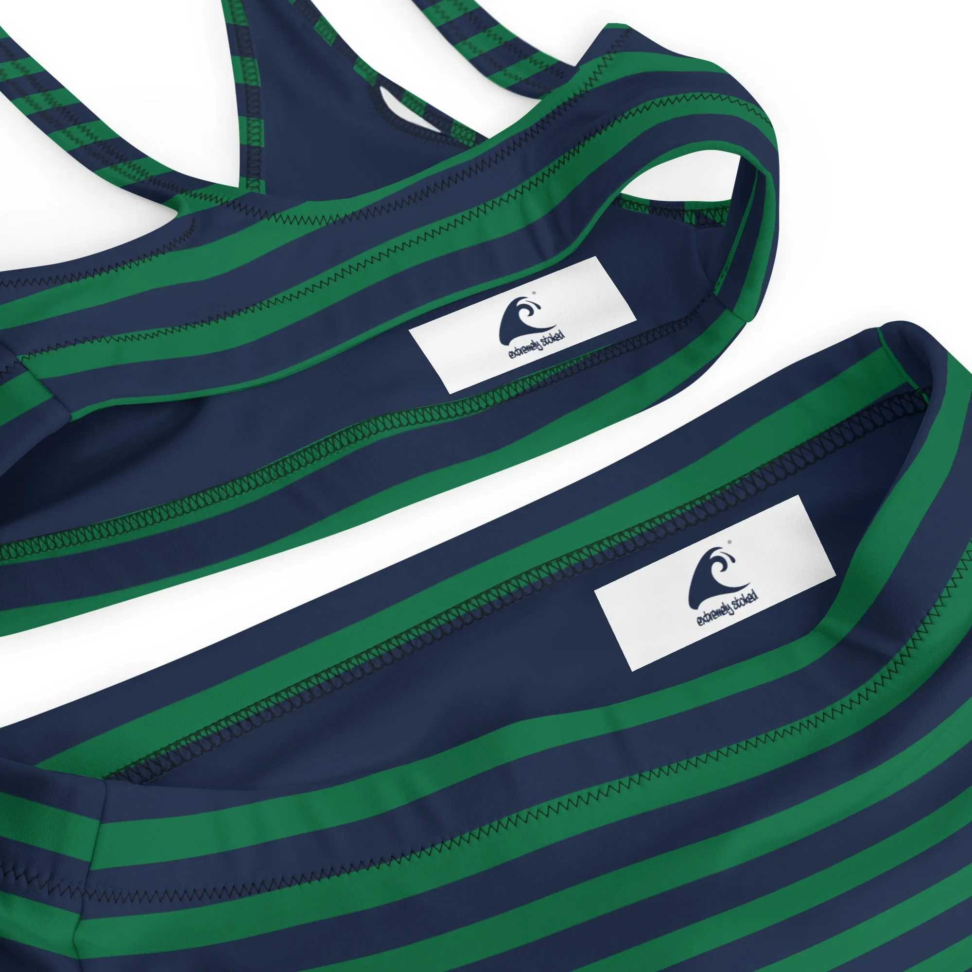 Navy Blue and Green Beach Stripes High Waisted Bikini