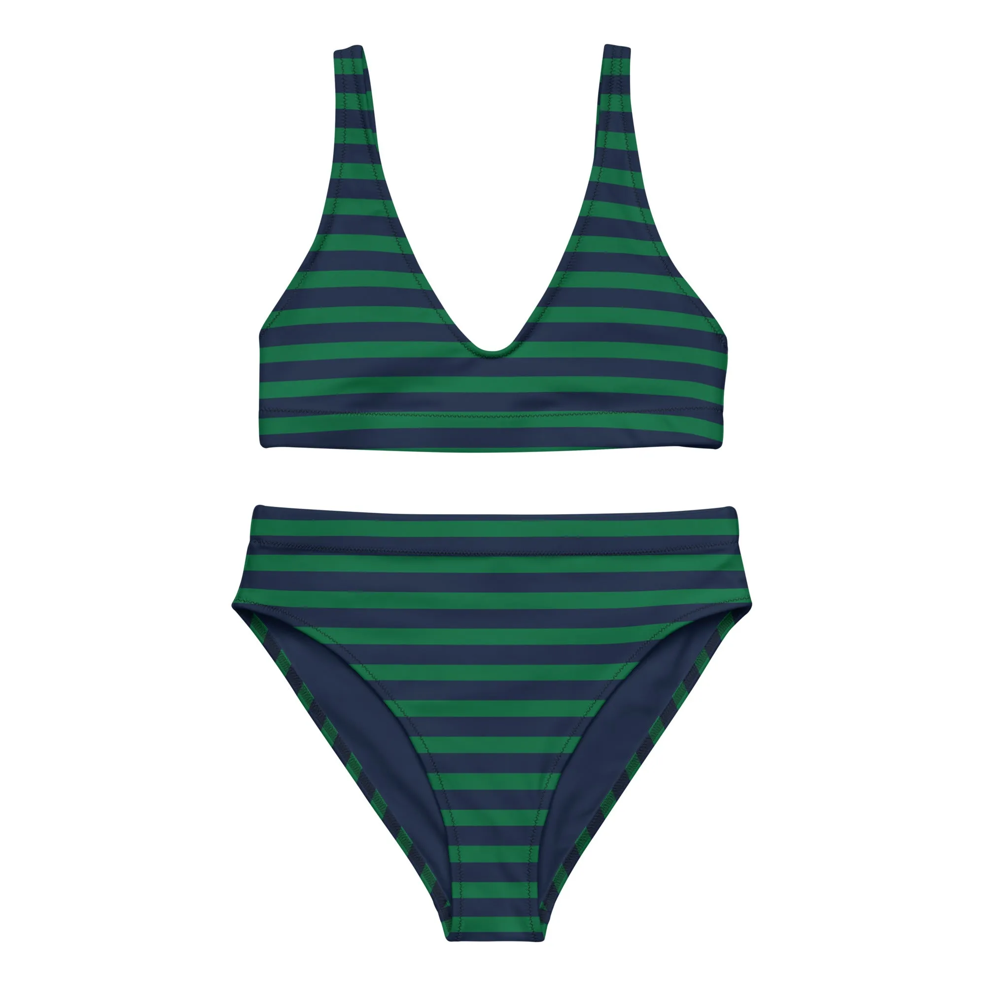 Navy Blue and Green Beach Stripes High Waisted Bikini