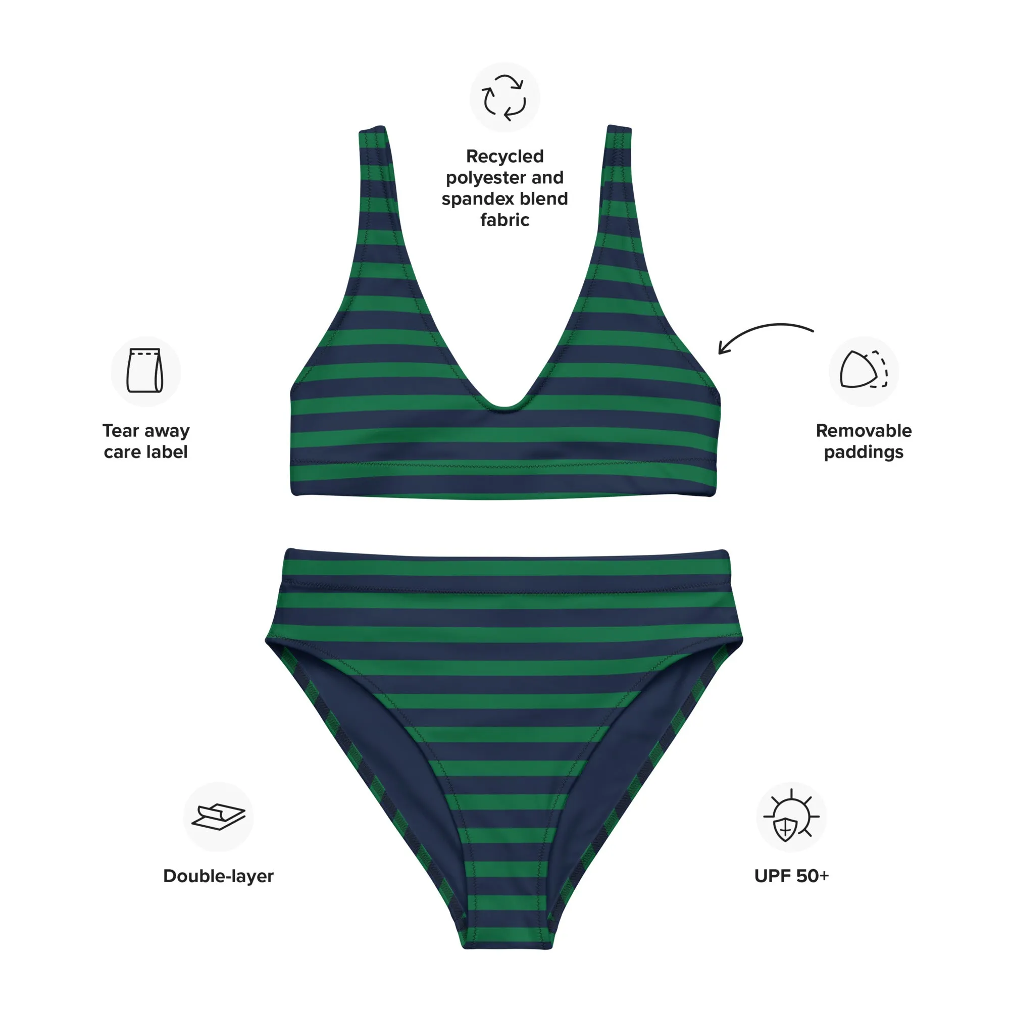 Navy Blue and Green Beach Stripes High Waisted Bikini