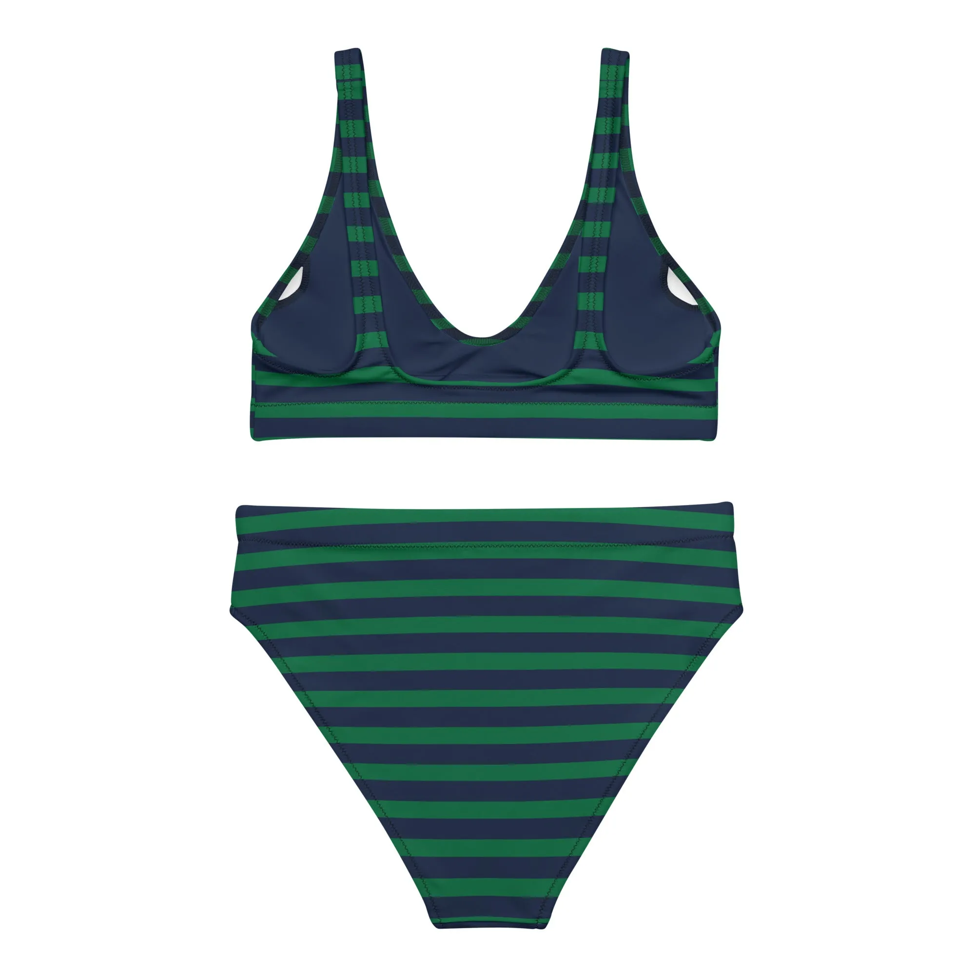 Navy Blue and Green Beach Stripes High Waisted Bikini