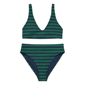 Navy Blue and Green Beach Stripes High Waisted Bikini