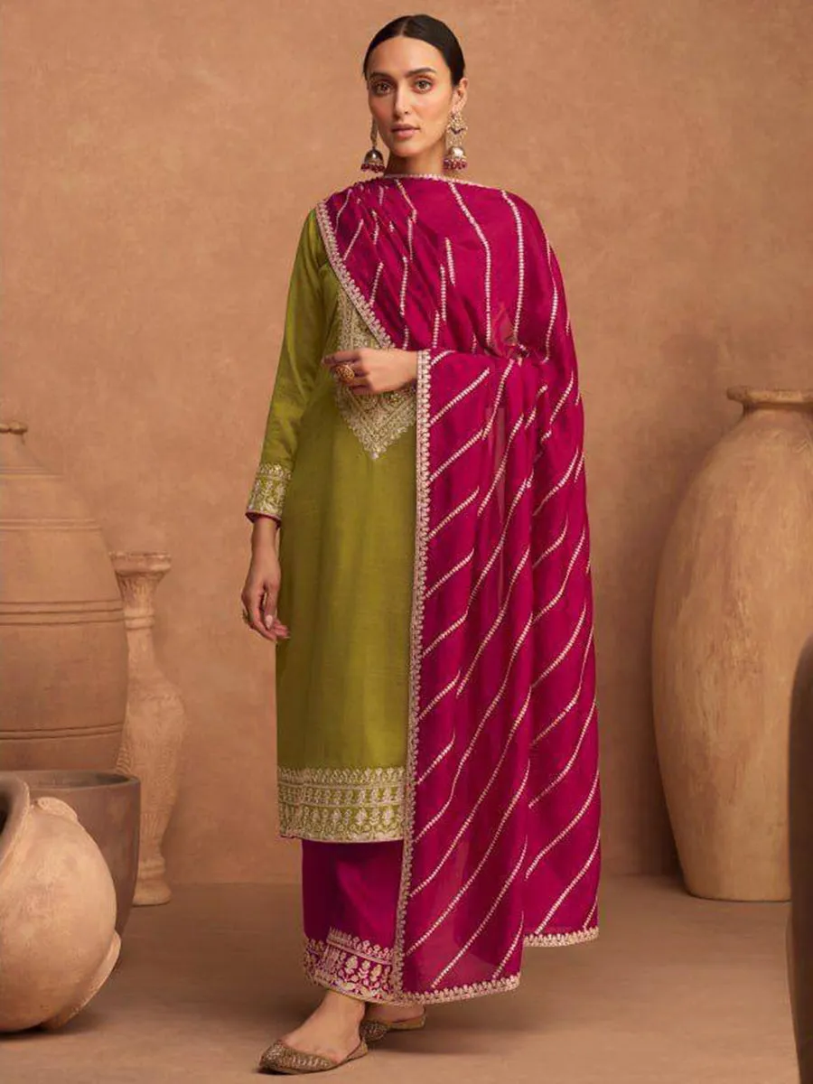 Olive Premium Silk Embroidery Anarkali With Dupatta Set
